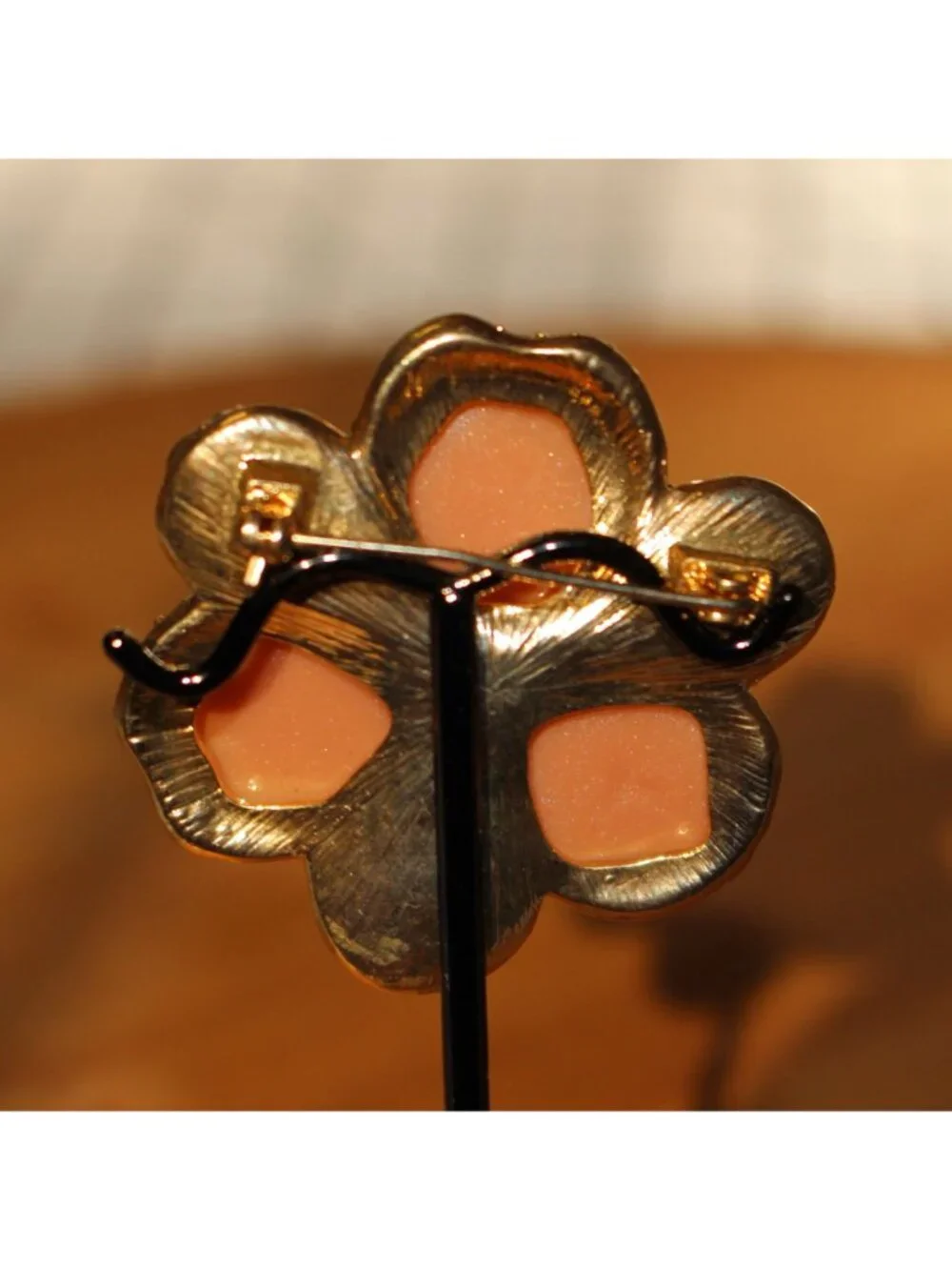 Vtg Unsigned Shimmering Tangerine Lucite Resin Flower Brooch Black Marcasite Pin